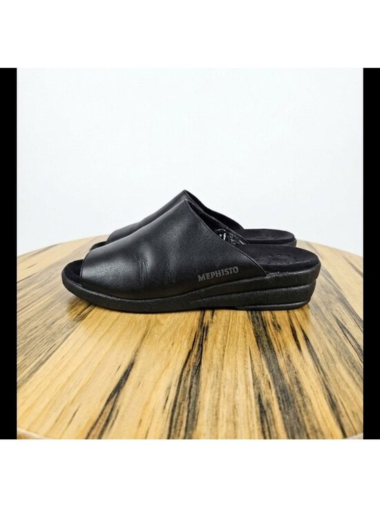 Mephisto Shoes - Mephisto Black Leather Open Toe Slide Mule Wedge Comfy Sandals Women US 9 /EU 39